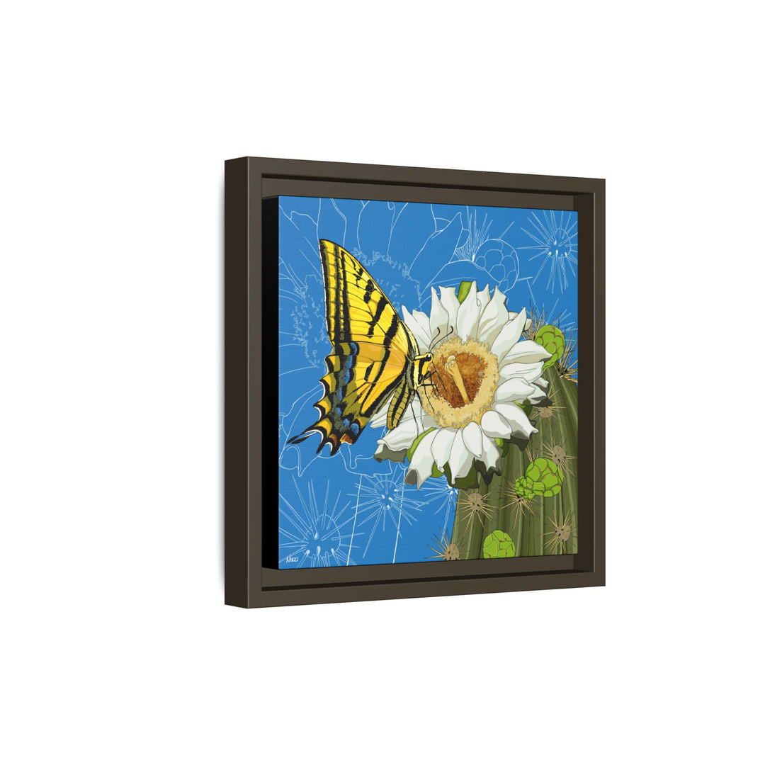 Arizona State Flower + Insect: Saguaro Cactus Blossom + Two-tailed Swallowtail Butterfly — Framed Canvas Print Wall Art