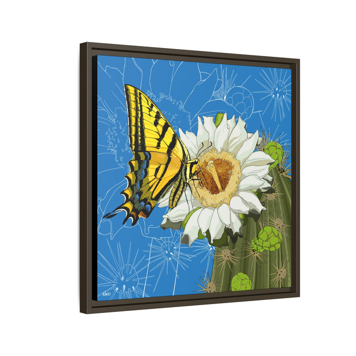 Arizona State Flower + Insect: Saguaro Cactus Blossom + Two-tailed Swallowtail Butterfly — Framed Canvas Print Wall Art