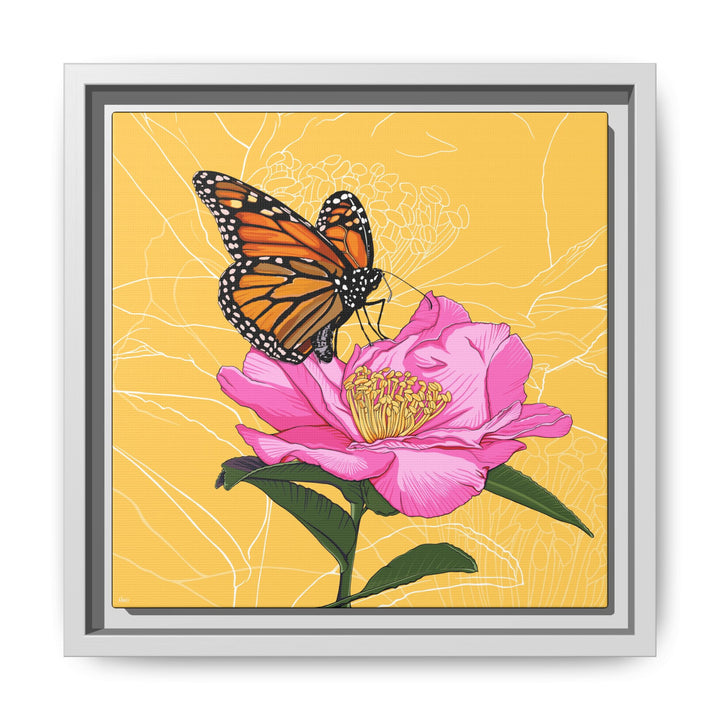 Alabama State Flower + Insect: Monarch Butterfly on Pink Camellia — Framed Canvas Print Wall Art