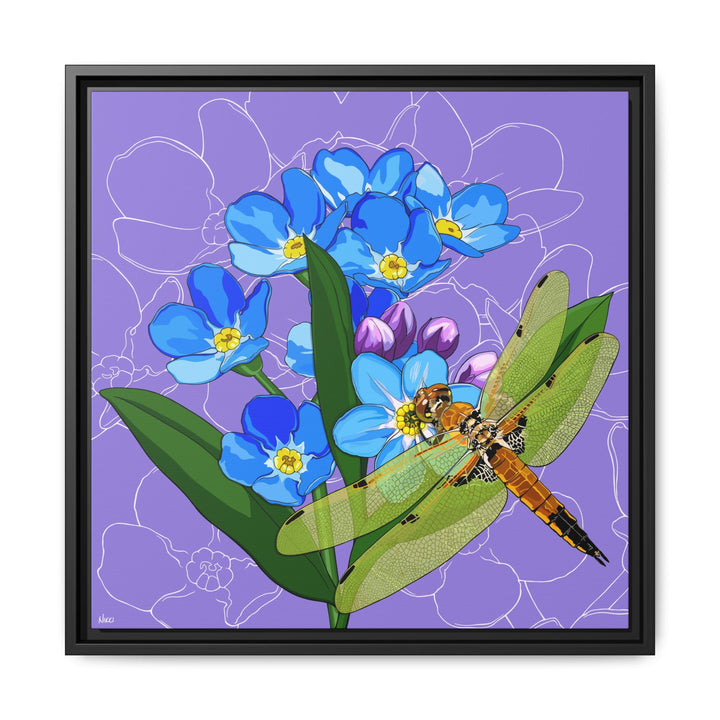 Alaska State Flower + Insect: Forget Me Not + Four-spot Skimmer Dragonfly — Framed Canvas Print Wall Art