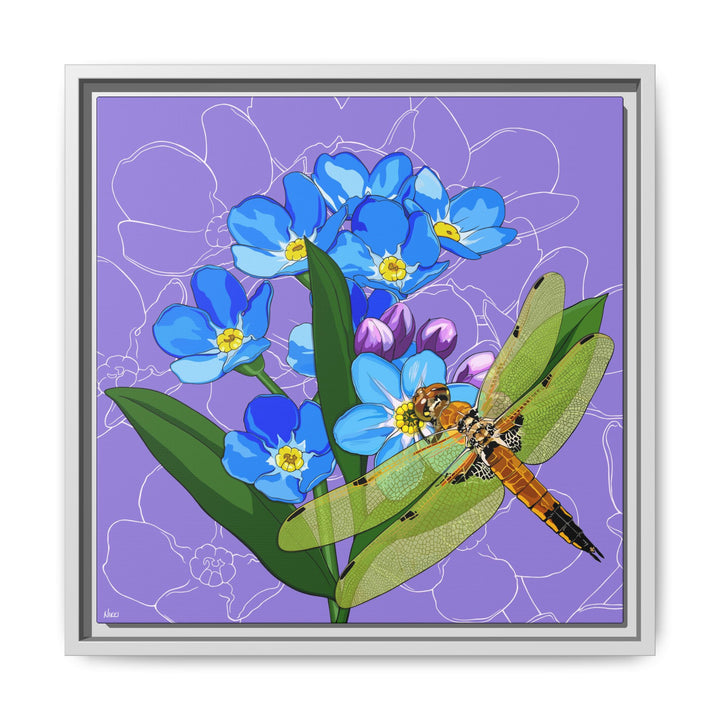 Alaska State Flower + Insect: Forget Me Not + Four-spot Skimmer Dragonfly — Framed Canvas Print Wall Art
