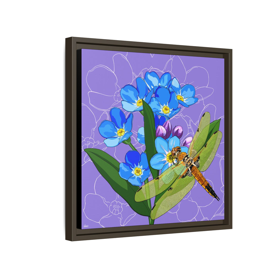 Alaska State Flower + Insect: Forget Me Not + Four-spot Skimmer Dragonfly — Framed Canvas Print Wall Art
