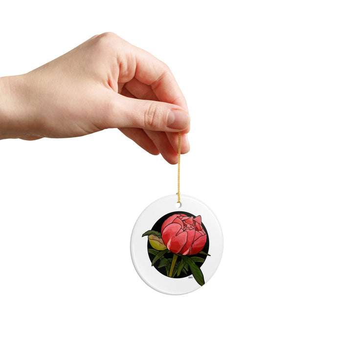 Peony Bud Ceramic Ornament — Two-Sided Floral Holiday Decoration