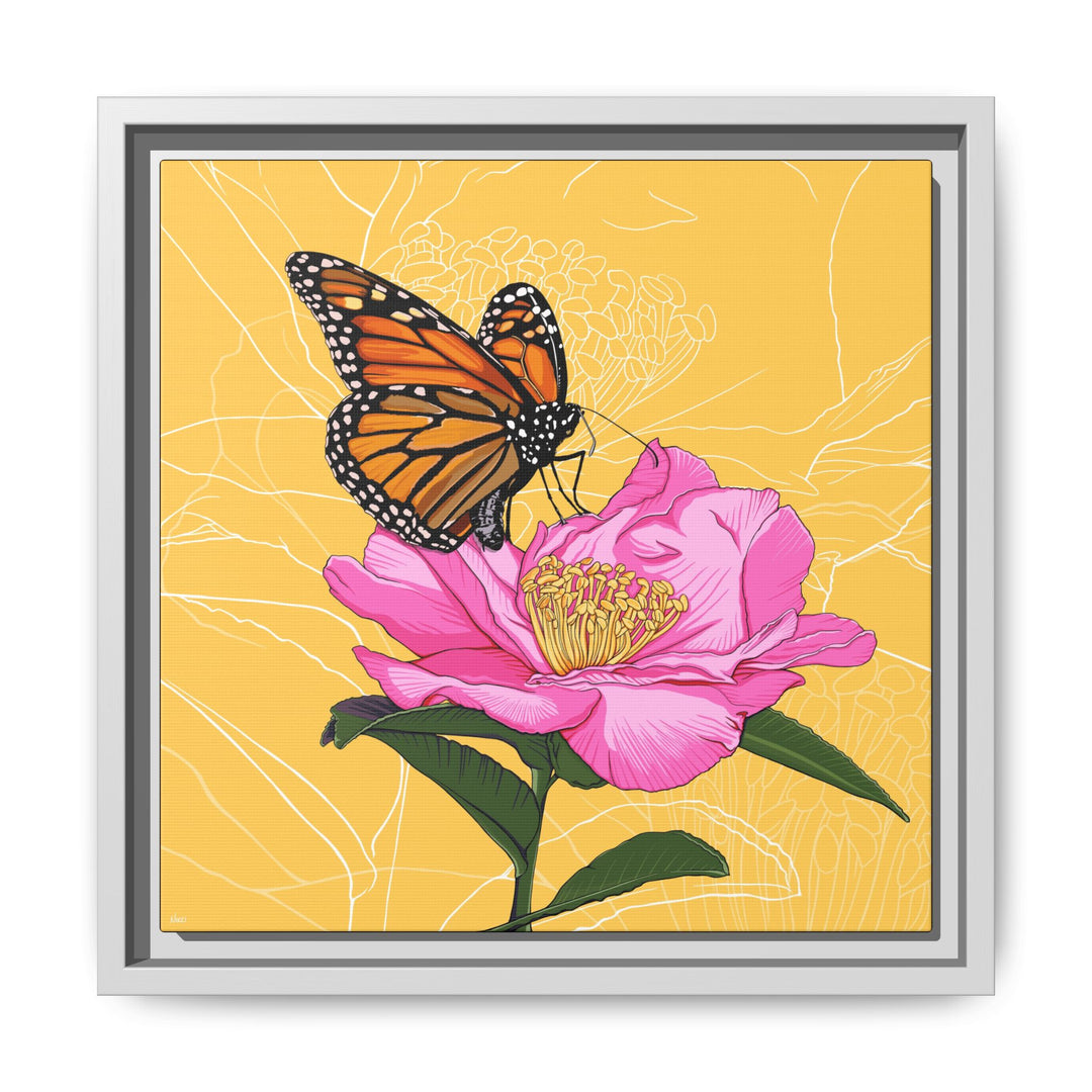 Alabama State Flower + Insect: Monarch Butterfly on Pink Camellia — Framed Canvas Print Wall Art