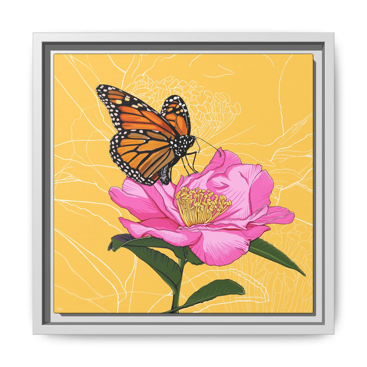 Alabama State Flower + Insect: Monarch Butterfly on Pink Camellia — Framed Canvas Print Wall Art