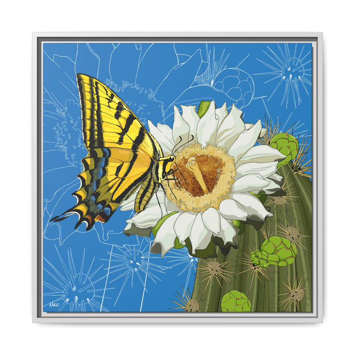 Arizona State Flower + Insect: Saguaro Cactus Blossom + Two-tailed Swallowtail Butterfly — Framed Canvas Print Wall Art