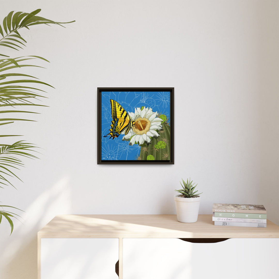 Arizona State Flower + Insect: Saguaro Cactus Blossom + Two-tailed Swallowtail Butterfly — Framed Canvas Print Wall Art