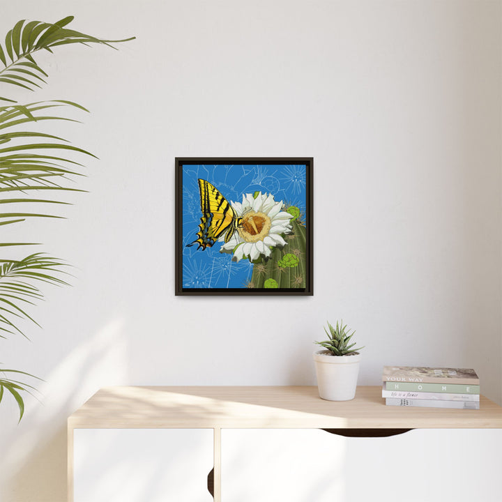 Arizona State Flower + Insect: Saguaro Cactus Blossom + Two-tailed Swallowtail Butterfly — Framed Canvas Print Wall Art