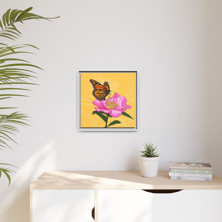 Alabama State Flower + Insect: Monarch Butterfly on Pink Camellia — Framed Canvas Print Wall Art