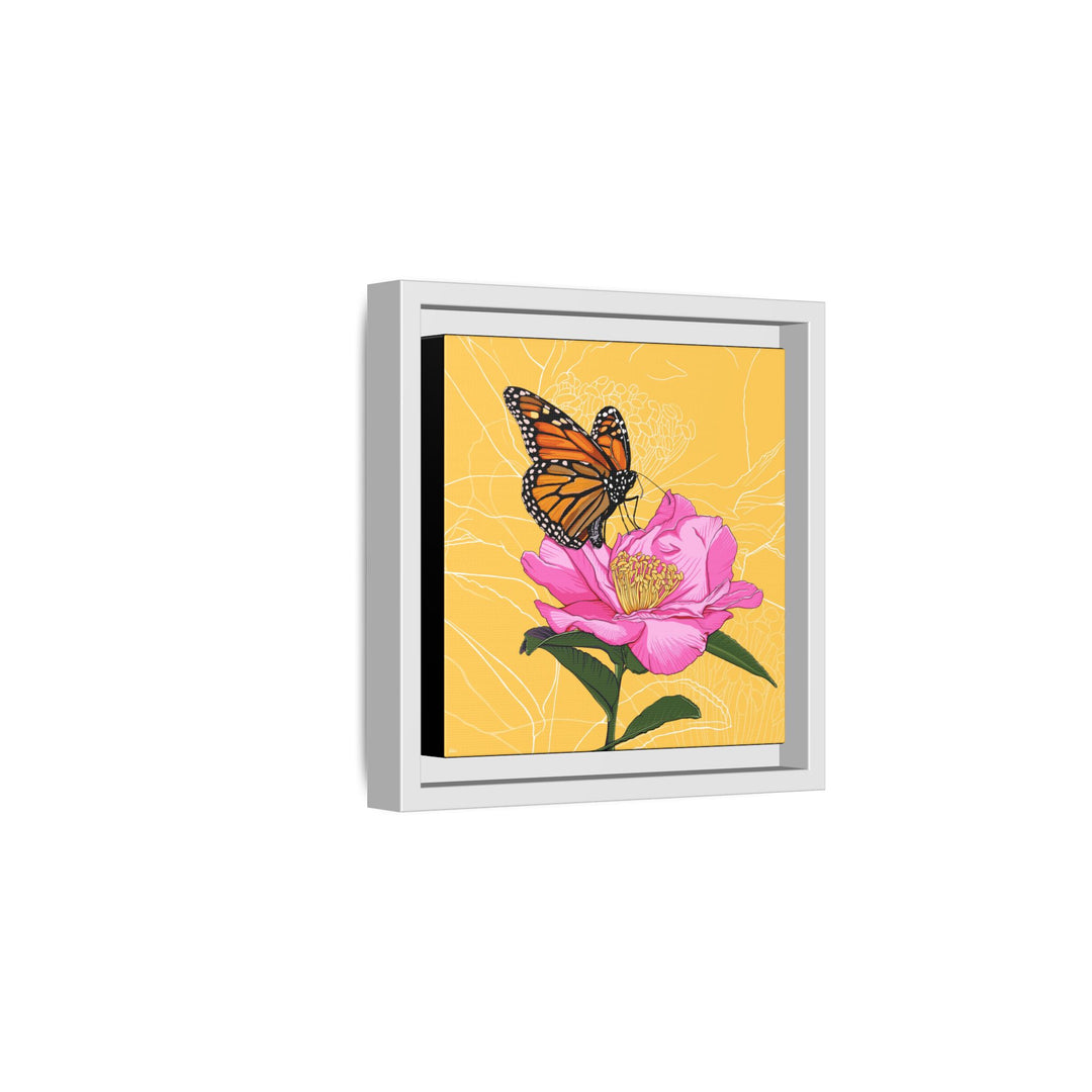Alabama State Flower + Insect: Monarch Butterfly on Pink Camellia — Framed Canvas Print Wall Art