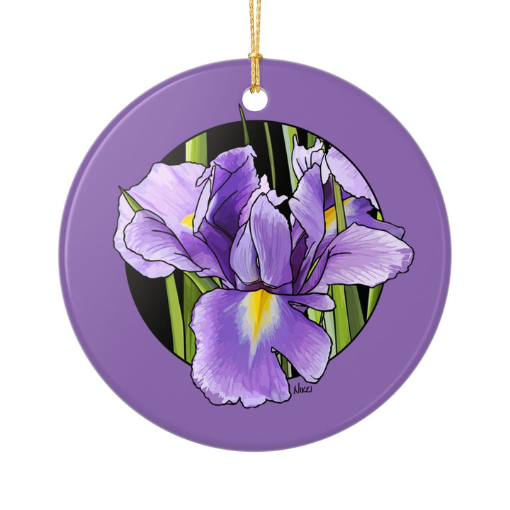 Purple Iris Ceramic Ornament — Double-Sided Floral Holiday Decoration