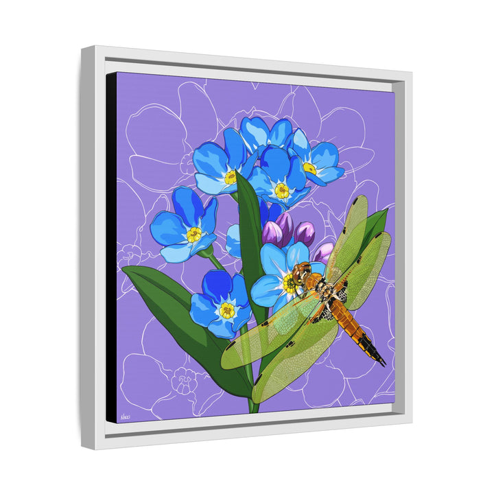 Alaska State Flower + Insect: Forget Me Not + Four-spot Skimmer Dragonfly — Framed Canvas Print Wall Art