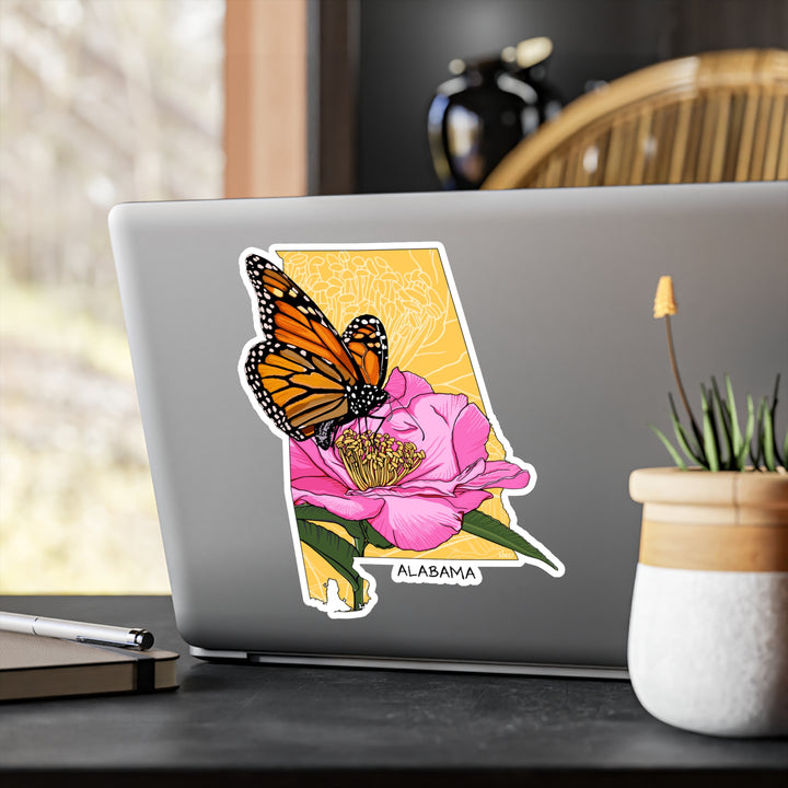 Alabama State Flowers + Insects Sticker — Monarch Butterfly + Camellia  — Kiss-Cut Vinyl Decal