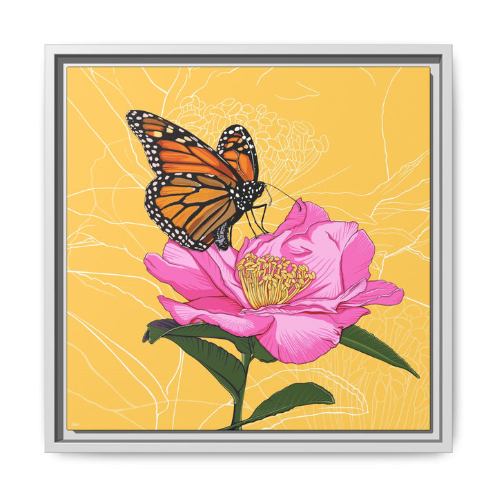 Alabama State Flower + Insect: Monarch Butterfly on Pink Camellia — Framed Canvas Print Wall Art