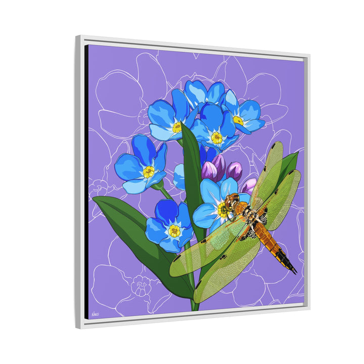 Alaska State Flower + Insect: Forget Me Not + Four-spot Skimmer Dragonfly — Framed Canvas Print Wall Art