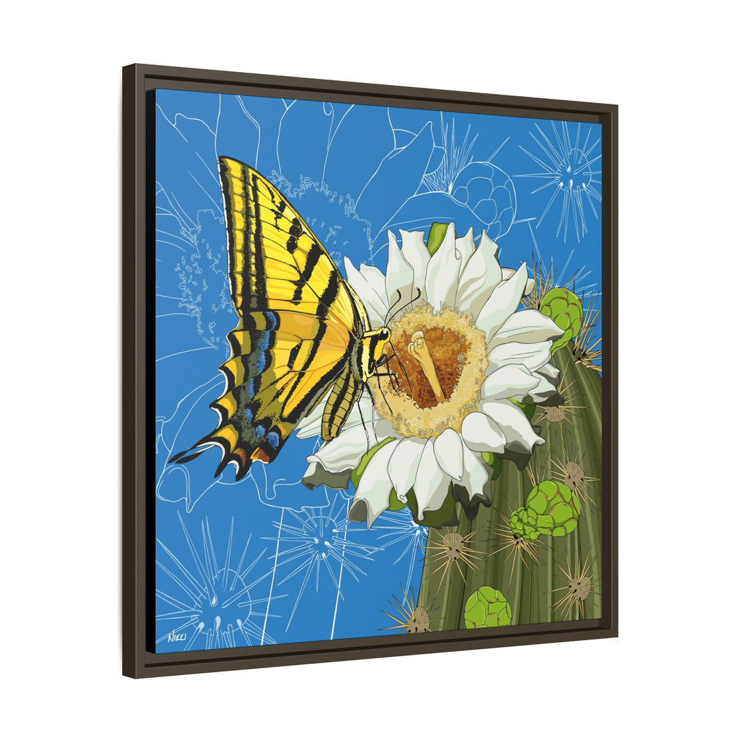 Arizona State Flower + Insect: Saguaro Cactus Blossom + Two-tailed Swallowtail Butterfly — Framed Canvas Print Wall Art