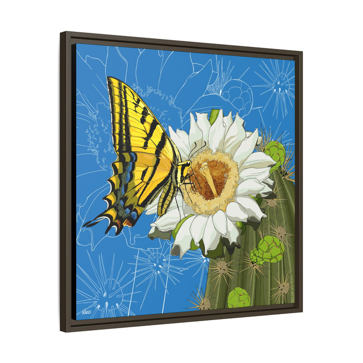 Arizona State Flower + Insect: Saguaro Cactus Blossom + Two-tailed Swallowtail Butterfly — Framed Canvas Print Wall Art
