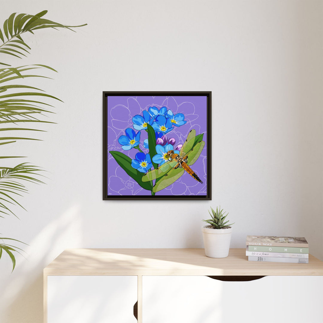 Alaska State Flower + Insect: Forget Me Not + Four-spot Skimmer Dragonfly — Framed Canvas Print Wall Art
