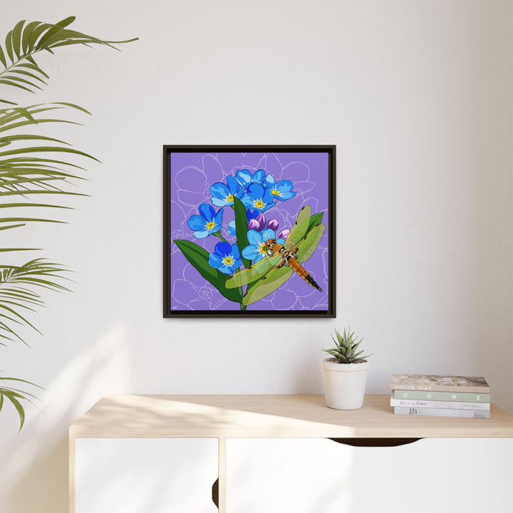 Alaska State Flower + Insect: Forget Me Not + Four-spot Skimmer Dragonfly — Framed Canvas Print Wall Art