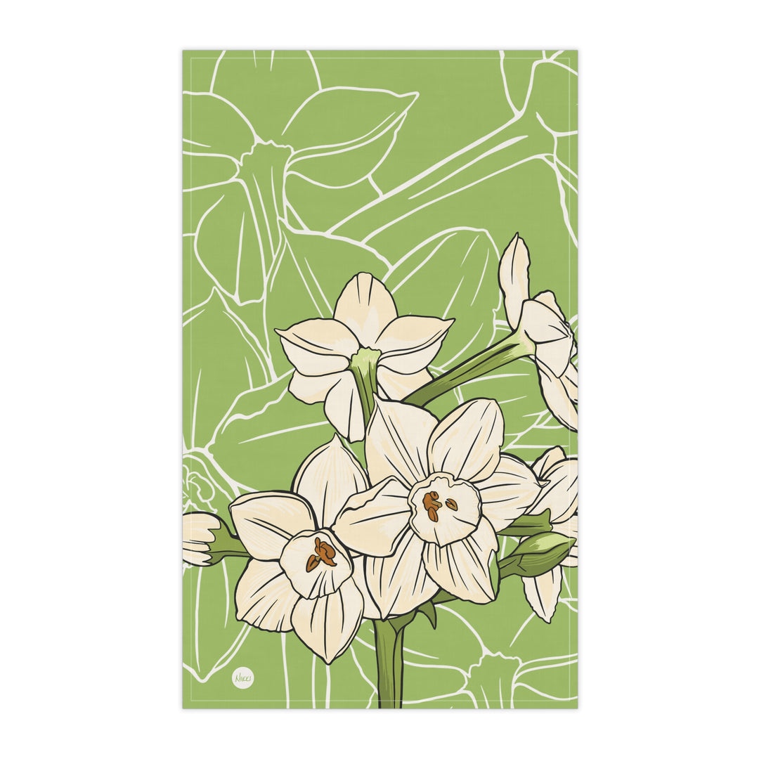 Paperwhite Floral Tea Towel — December Birth Month Flower Kitchen Towel