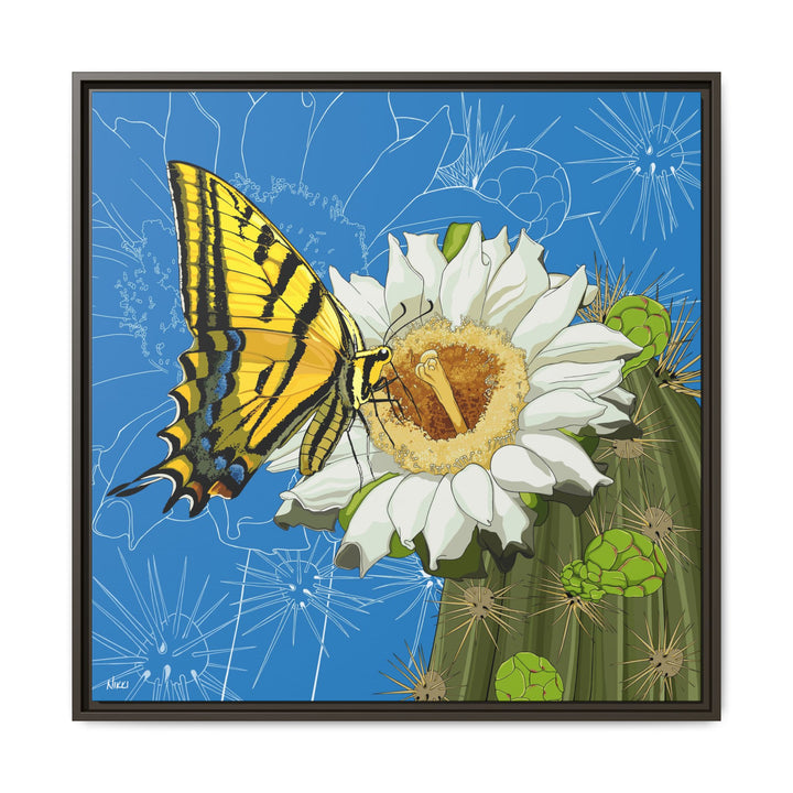 Arizona State Flower + Insect: Saguaro Cactus Blossom + Two-tailed Swallowtail Butterfly — Framed Canvas Print Wall Art