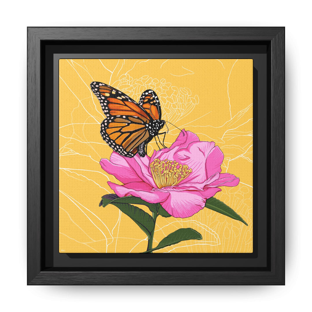 Alabama State Flower + Insect: Monarch Butterfly on Pink Camellia — Framed Canvas Print Wall Art
