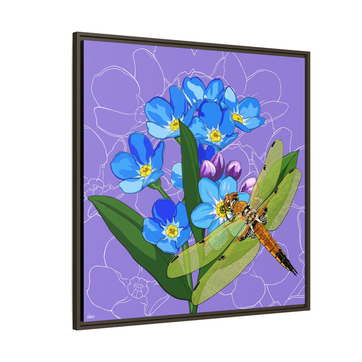 Alaska State Flower + Insect: Forget Me Not + Four-spot Skimmer Dragonfly — Framed Canvas Print Wall Art