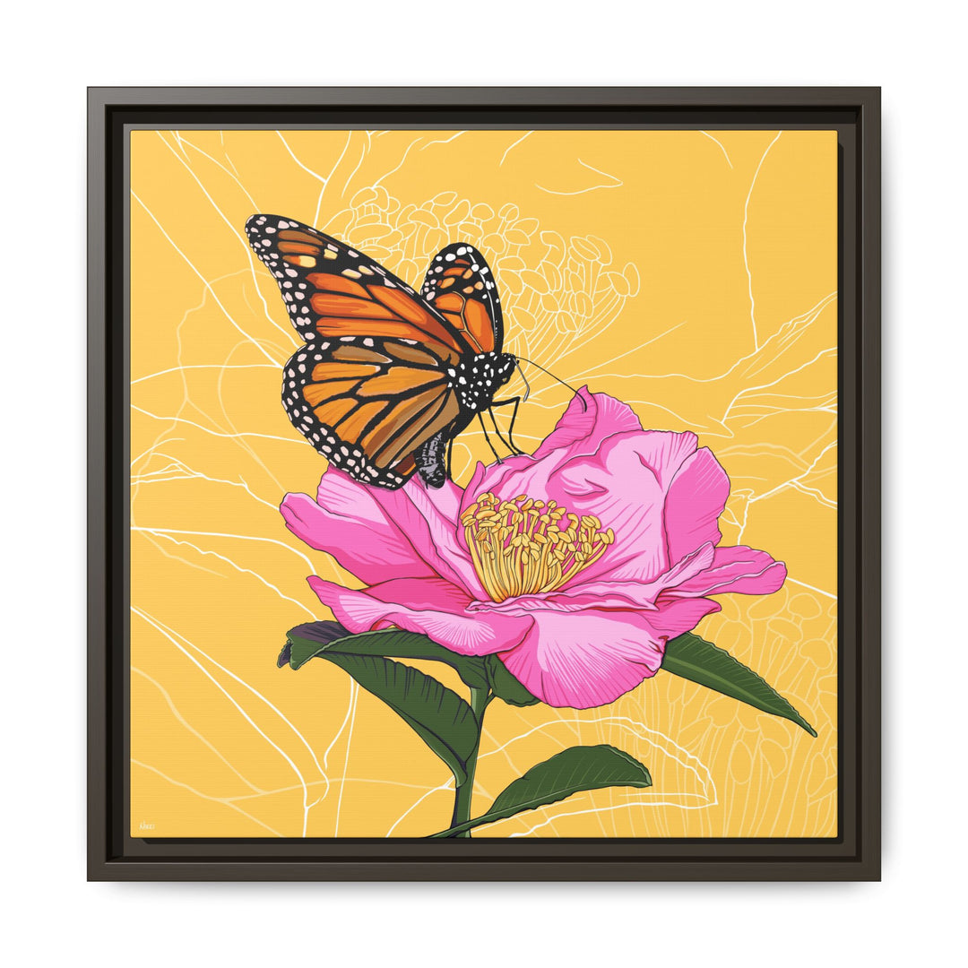 Alabama State Flower + Insect: Monarch Butterfly on Pink Camellia — Framed Canvas Print Wall Art