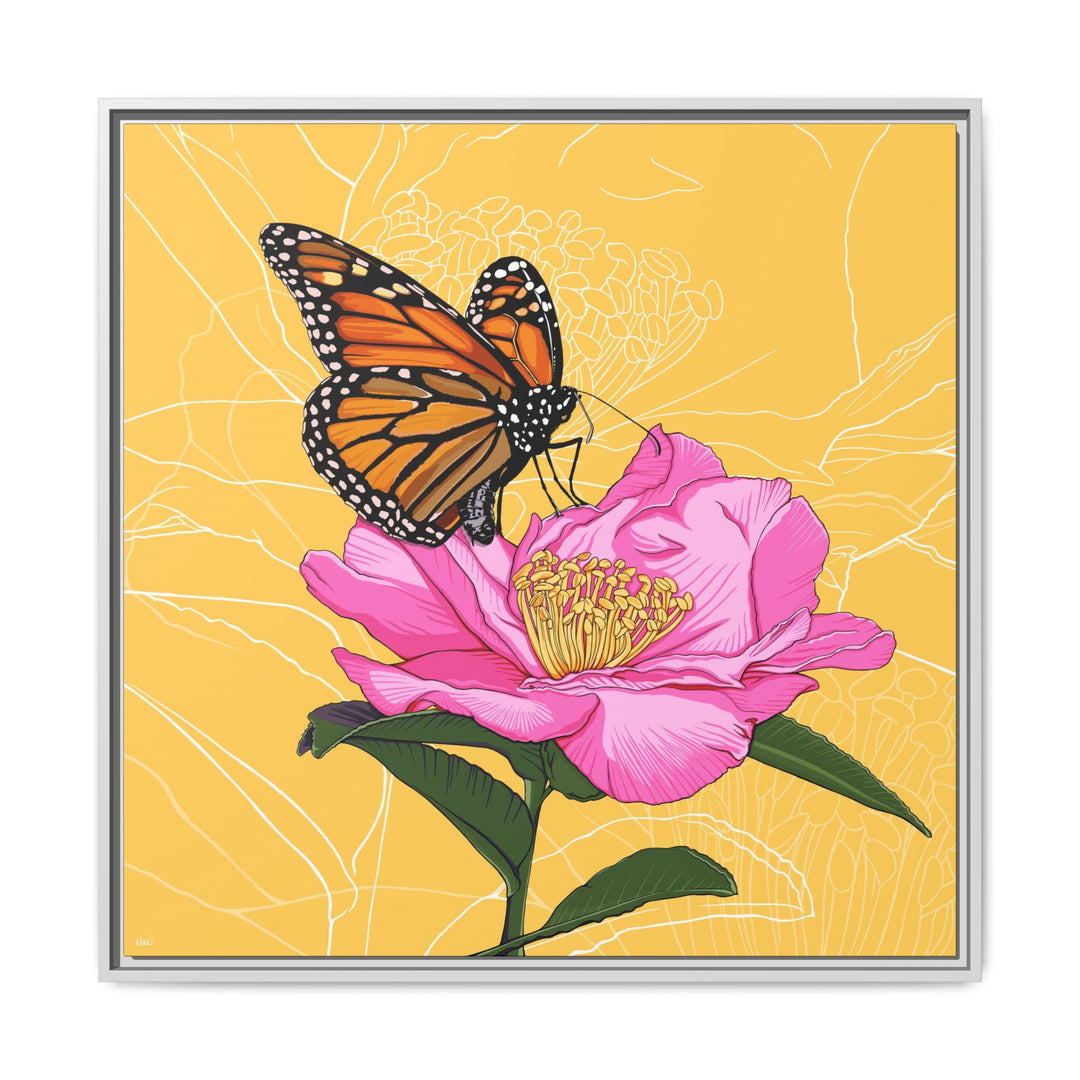 Alabama State Flower + Insect: Monarch Butterfly on Pink Camellia — Framed Canvas Print Wall Art