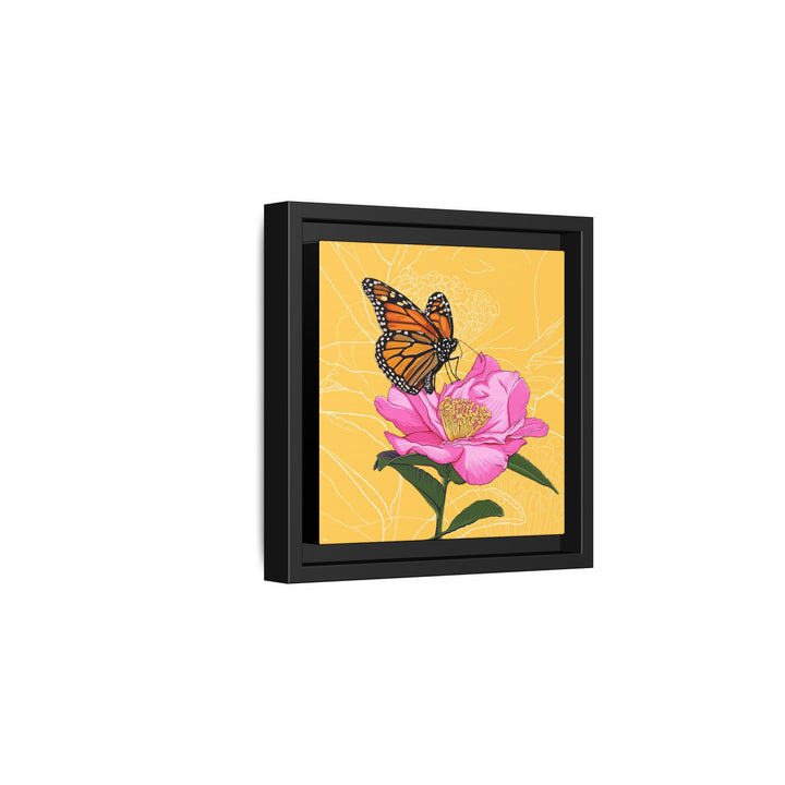 Alabama State Flower + Insect: Monarch Butterfly on Pink Camellia — Framed Canvas Print Wall Art