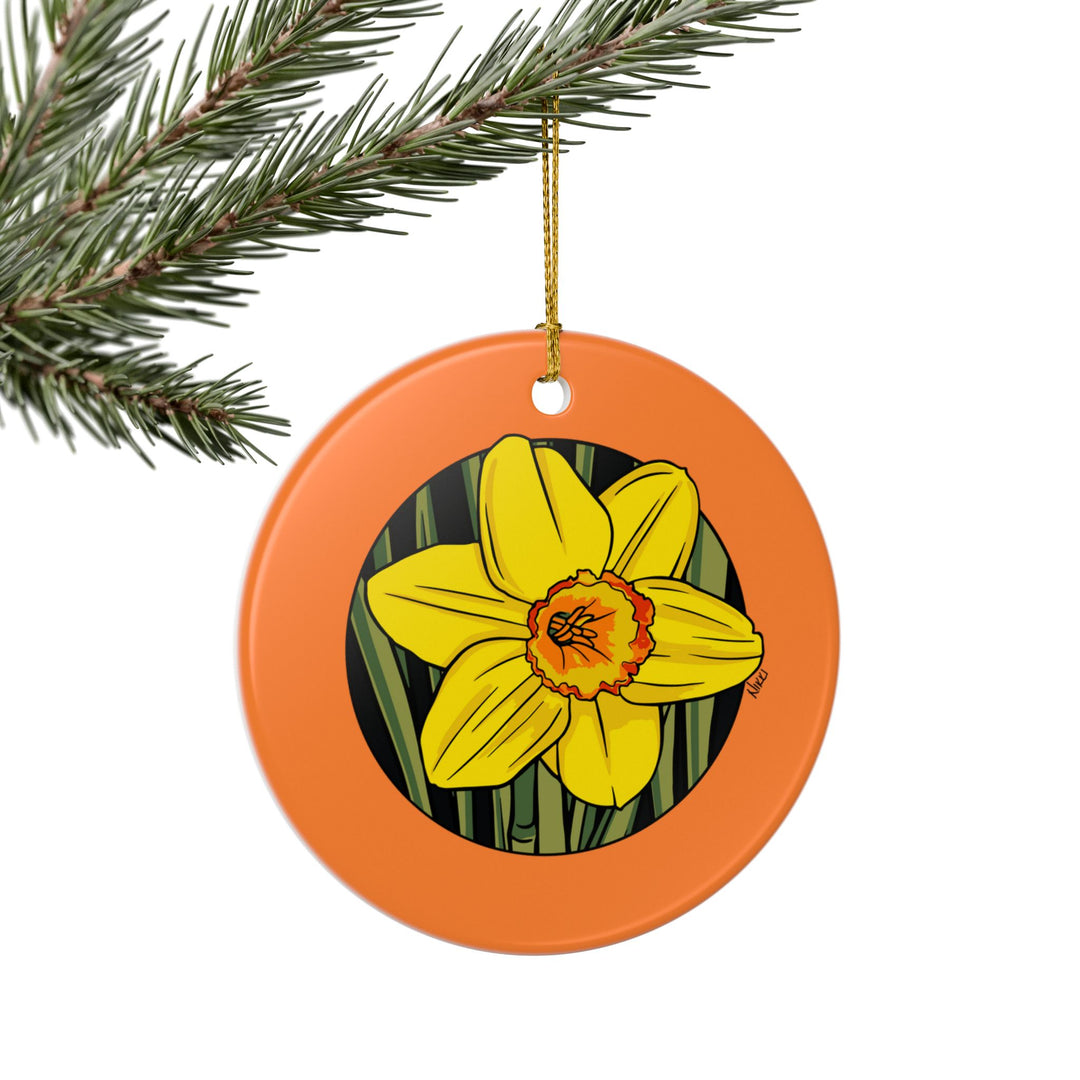 Yellow Daffodil Ceramic Ornament — Double-Sided Floral Holiday Decor