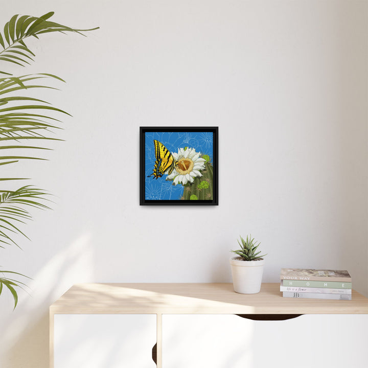 Arizona State Flower + Insect: Saguaro Cactus Blossom + Two-tailed Swallowtail Butterfly — Framed Canvas Print Wall Art