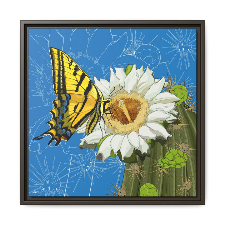 Arizona State Flower + Insect: Saguaro Cactus Blossom + Two-tailed Swallowtail Butterfly — Framed Canvas Print Wall Art