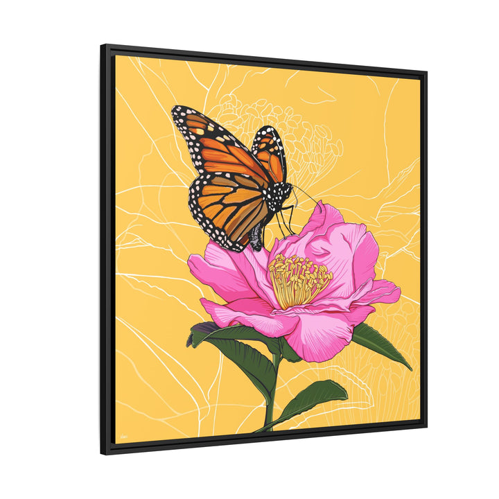 Alabama State Flower + Insect: Monarch Butterfly on Pink Camellia — Framed Canvas Print Wall Art