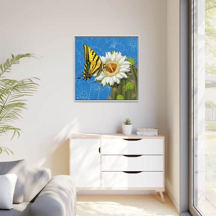 Arizona State Flower + Insect: Saguaro Cactus Blossom + Two-tailed Swallowtail Butterfly — Framed Canvas Print Wall Art