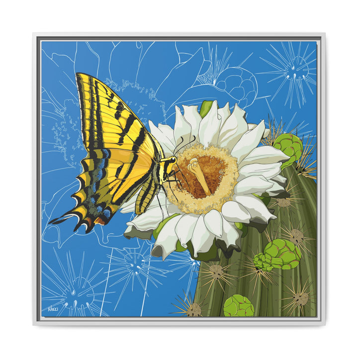 Arizona State Flower + Insect: Saguaro Cactus Blossom + Two-tailed Swallowtail Butterfly — Framed Canvas Print Wall Art