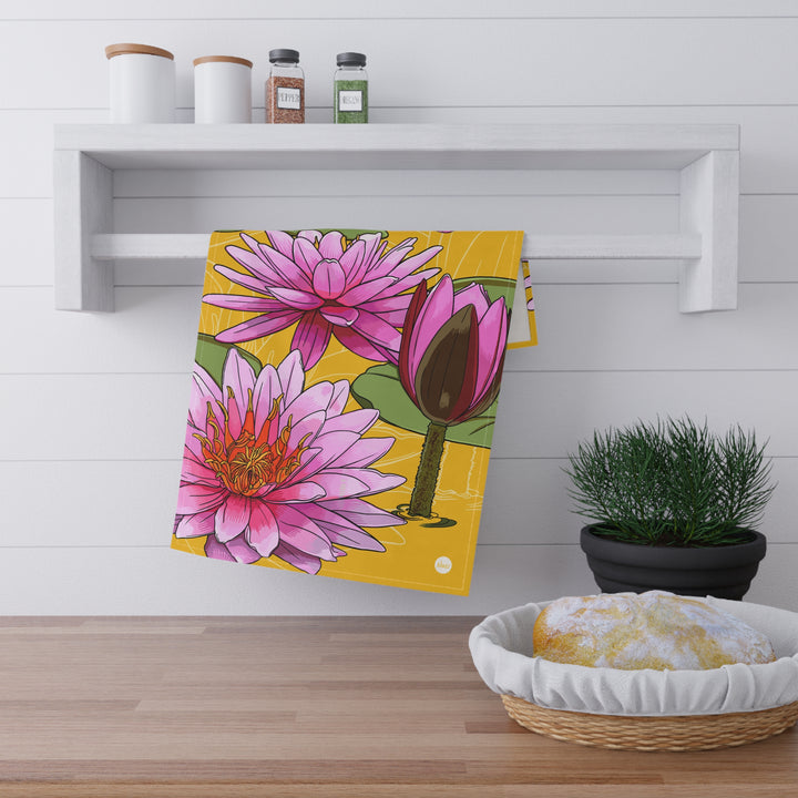Pink Waterlilies Cotton Tea Towel — July Birth Month Flower Kitchen Towel