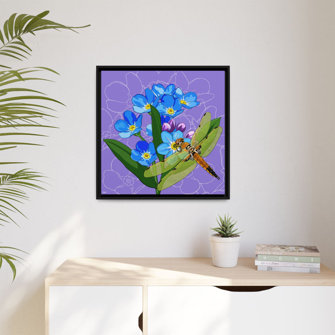 Alaska State Flower + Insect: Forget Me Not + Four-spot Skimmer Dragonfly — Framed Canvas Print Wall Art