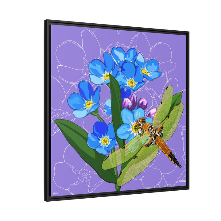 Alaska State Flower + Insect: Forget Me Not + Four-spot Skimmer Dragonfly — Framed Canvas Print Wall Art