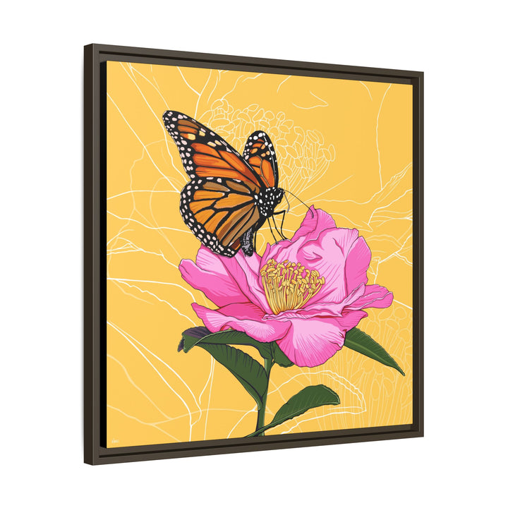 Alabama State Flower + Insect: Monarch Butterfly on Pink Camellia — Framed Canvas Print Wall Art
