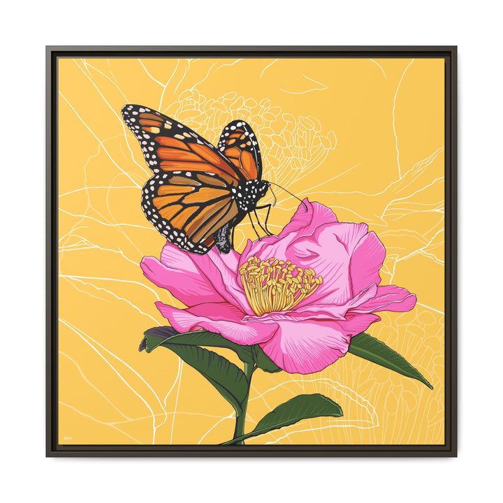 Alabama State Flower + Insect: Monarch Butterfly on Pink Camellia — Framed Canvas Print Wall Art