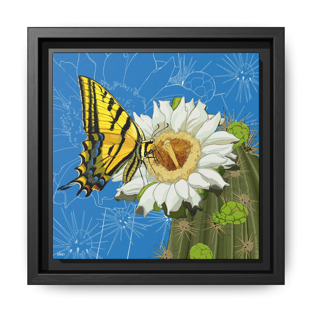 Arizona State Flower + Insect: Saguaro Cactus Blossom + Two-tailed Swallowtail Butterfly — Framed Canvas Print Wall Art