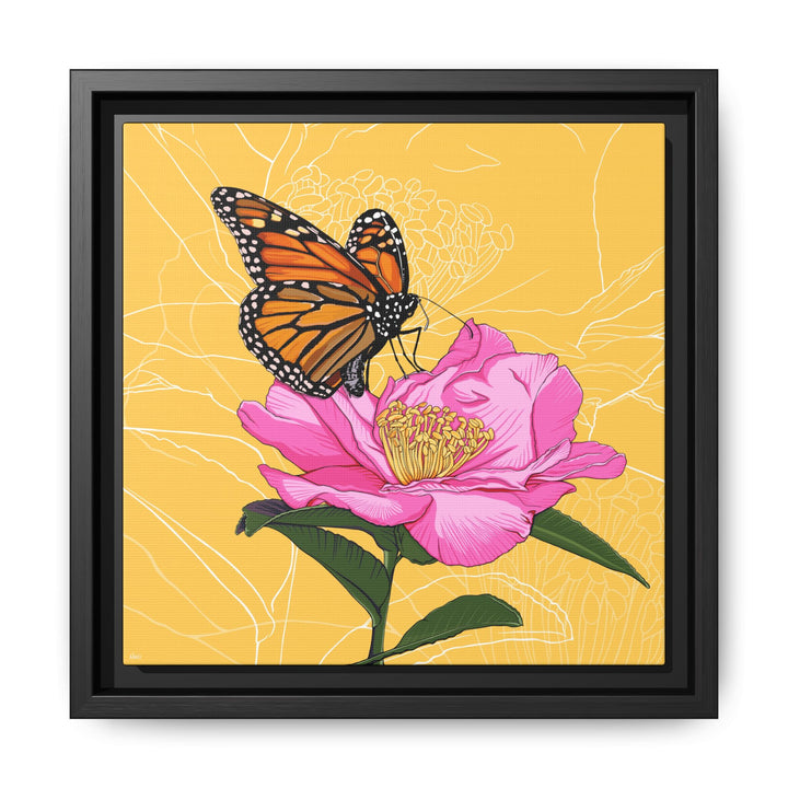 Alabama State Flower + Insect: Monarch Butterfly on Pink Camellia — Framed Canvas Print Wall Art
