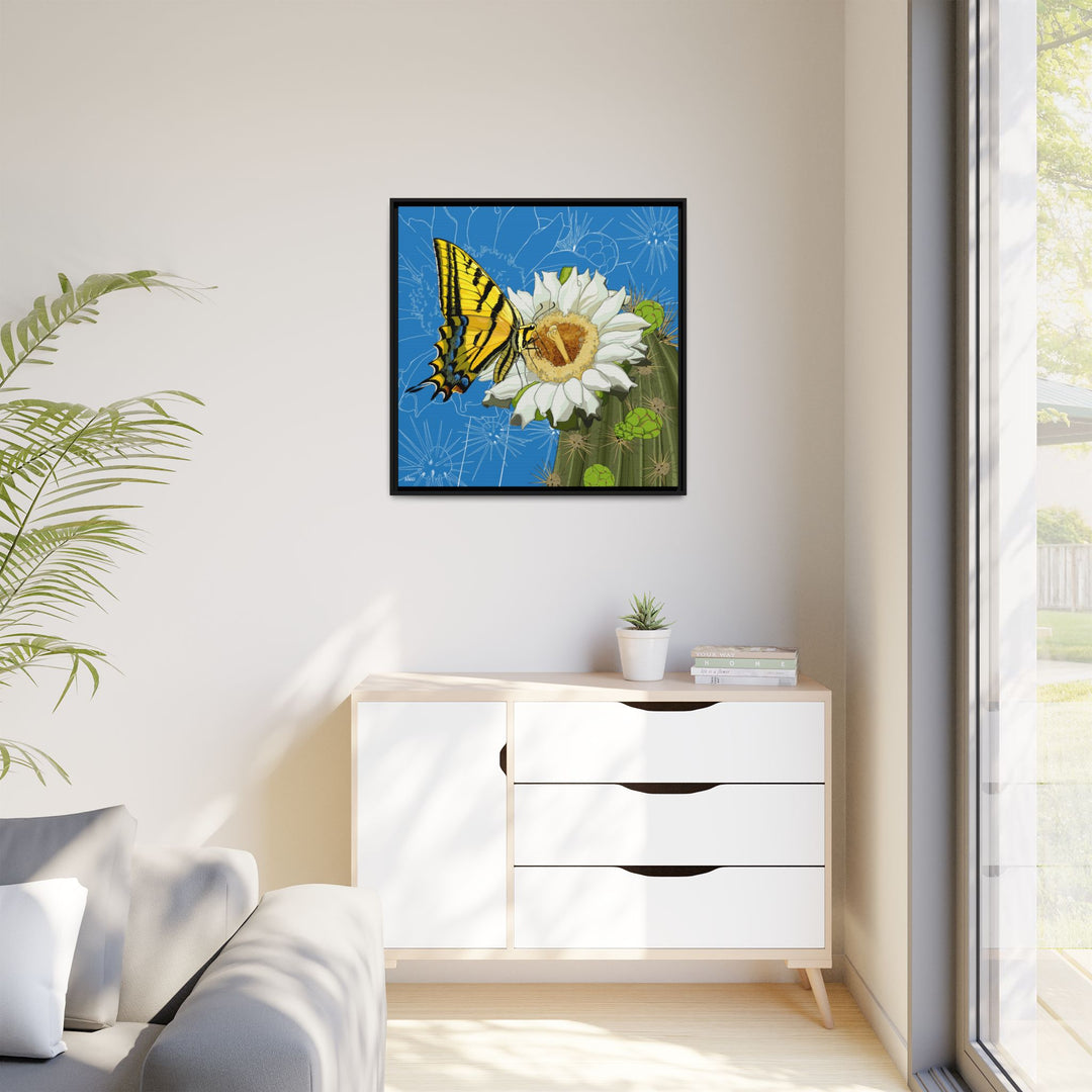 Arizona State Flower + Insect: Saguaro Cactus Blossom + Two-tailed Swallowtail Butterfly — Framed Canvas Print Wall Art