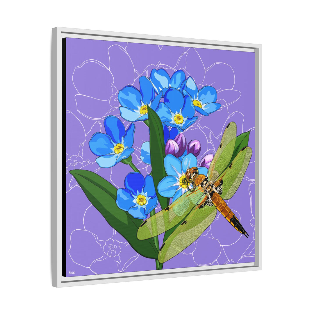 Alaska State Flower + Insect: Forget Me Not + Four-spot Skimmer Dragonfly — Framed Canvas Print Wall Art
