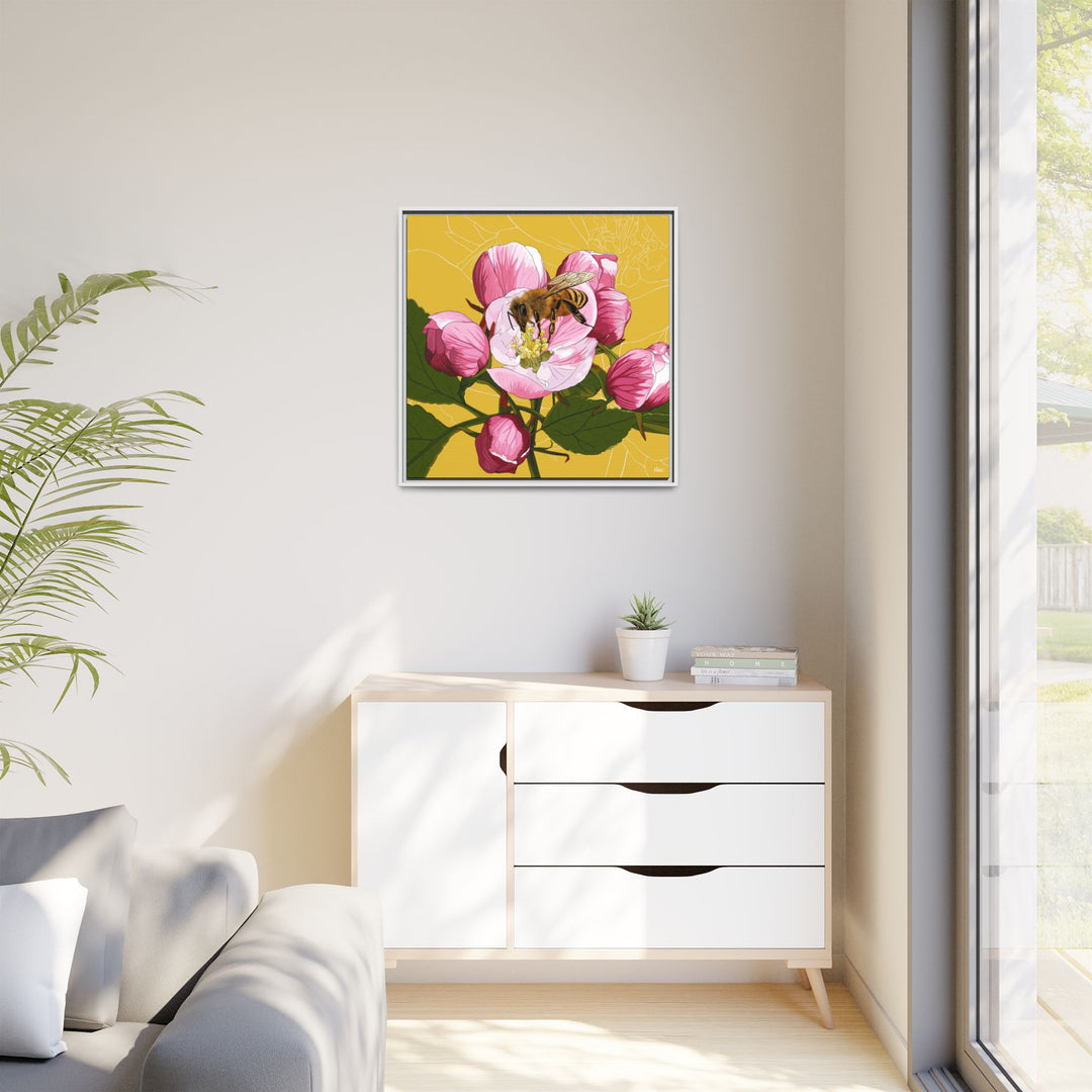 Apple Blossom & Honeybee Framed Canvas — Arkansas State Flower Wall Art