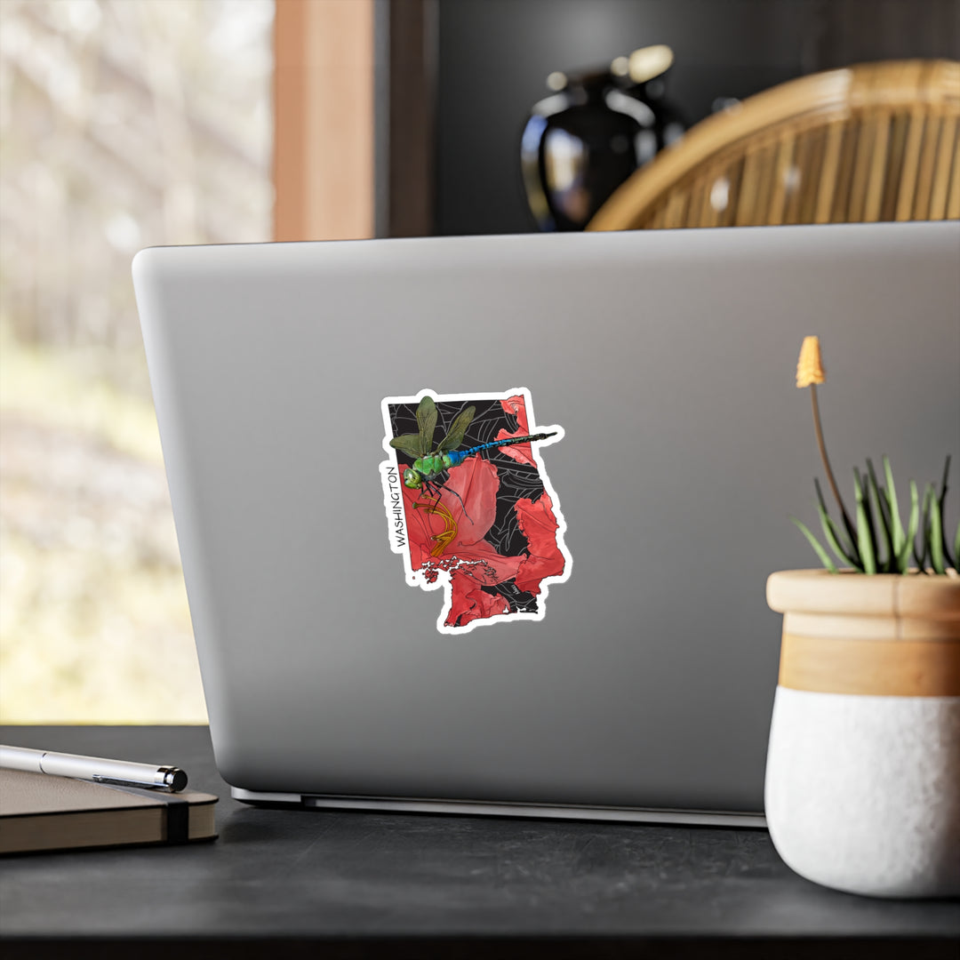 Washington State Flower + Insect Sticker — Rhododendron + Green Darner Dragonfly — Kiss-Cut Vinyl Decal