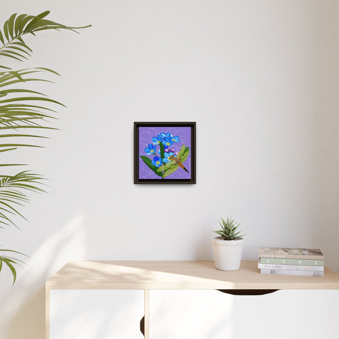 Alaska State Flower + Insect: Forget Me Not + Four-spot Skimmer Dragonfly — Framed Canvas Print Wall Art