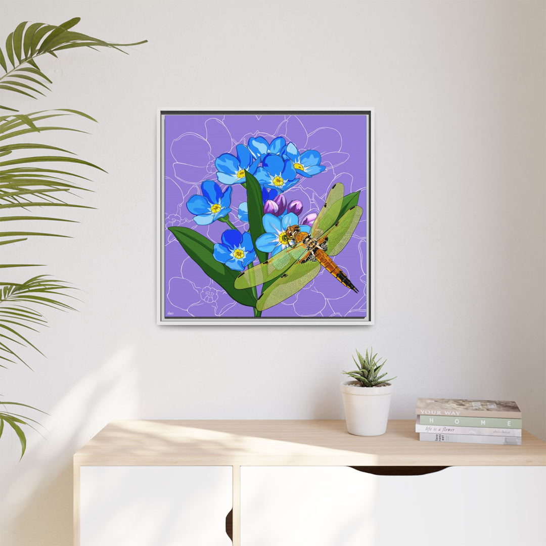Alaska State Flower + Insect: Forget Me Not + Four-spot Skimmer Dragonfly — Framed Canvas Print Wall Art