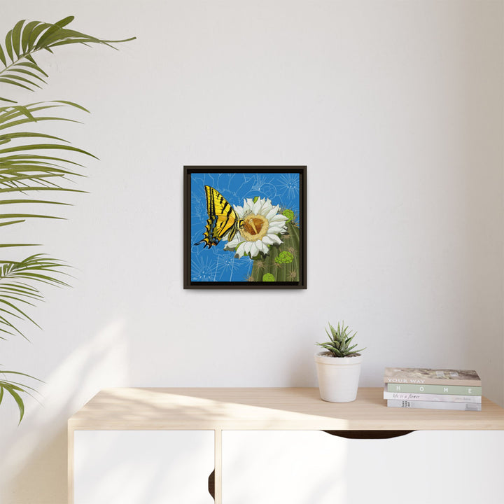 Arizona State Flower + Insect: Saguaro Cactus Blossom + Two-tailed Swallowtail Butterfly — Framed Canvas Print Wall Art